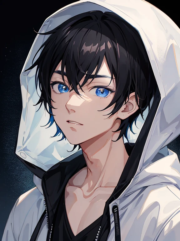 anime boy with black hair and blue eyes wearing a white cat hoodie, Tall anime guy with blue eyes, anime boy, anime youth, anime style portrait, zerochan art, male anime style, stunning anime face portraits, anime moe art style, beautiful anime portrait, Anime portrait of a handsome man, detailed anime character art, digital anime illustration, anime handsome