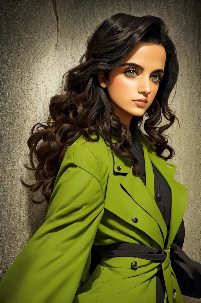 female, black coat, black closed buttoned-up black trench coat from the 1930's style, 5 foot 5 inches tall, slim body build, waist-length wavy brunette black hair, bright green eyes, 28 age, ethnicity india, ethnicity middle eastern.