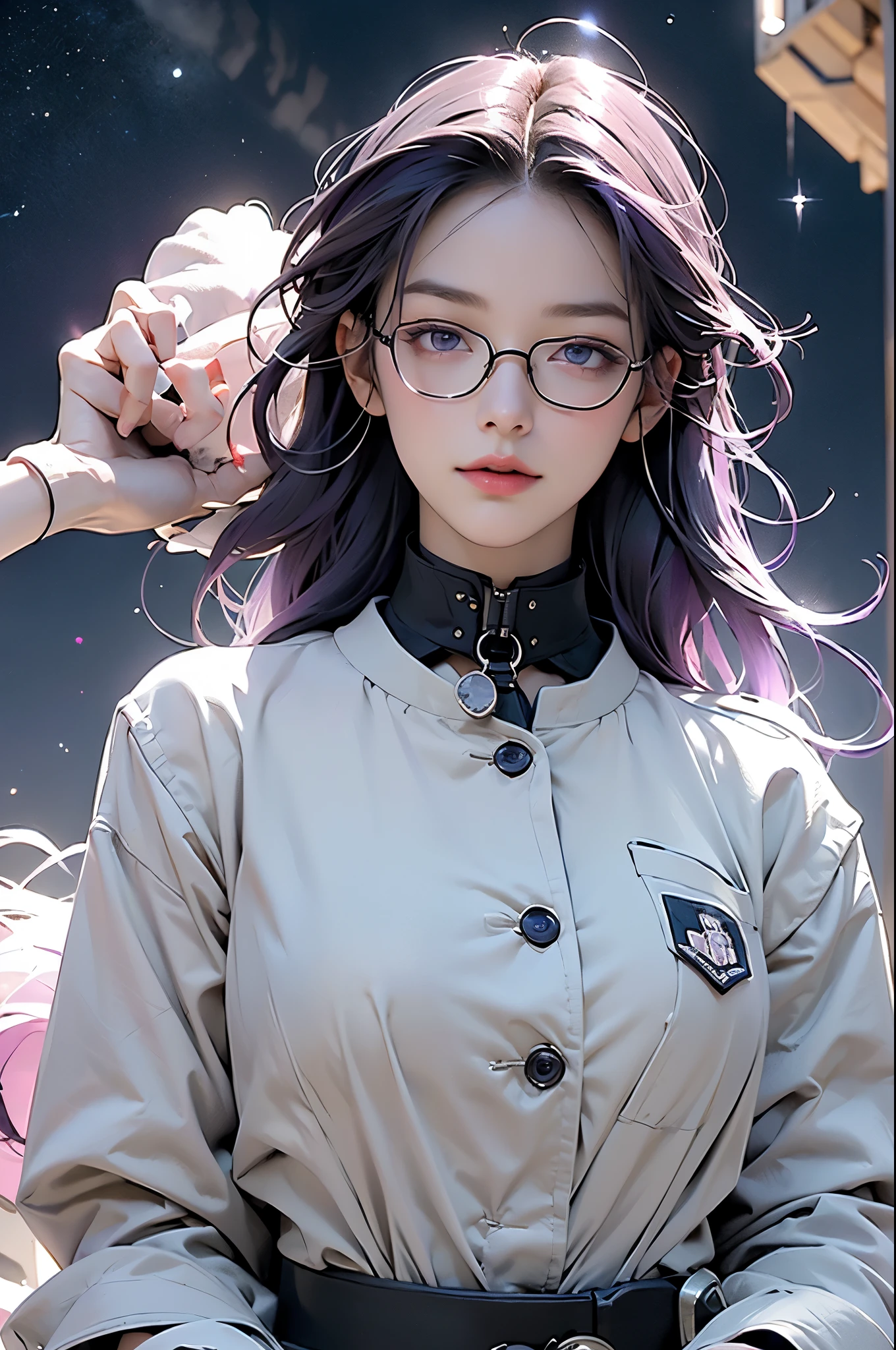 4K, fine details, masterpiece, high quality eyes, high detail, soft shadow, Best Character Art , 1 girl, aurora, Bangs, black collar, breast, collar, wearing glasses, galaxy, Gloves, hair between eyes, jacket, jewelry, large 巨大的breast, light particles, long hair, long sleeves, looking at the audience, Milky Way, night, night Sky, pink eyes, purple eyes, purple hair, shooting Star, side lock, Sky, alone, space, Star \(Sky\), Starry background, Starry Sky, sunglasses, Upper body