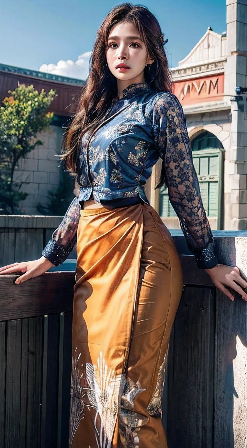 masterpiece, best quality, high resolution, realistic, Photorealistic, highly detailed, 1 woman, long hair, standing, jewelry, acmm ls outfit, wearing acmm top, orange acmm top, long sleeves, wearing acmm long skirt, orange acmm long skirt, printed skirt, sun light, 8k
