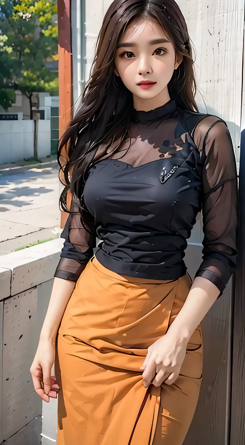 masterpiece, best quality, high resolution, realistic, Photorealistic, highly detailed, 1 woman, long hair, standing, jewelry, acmm ls outfit, wearing acmm top, orange acmm top, long sleeves, wearing acmm long skirt, orange acmm long skirt, printed skirt, sun light, 8k