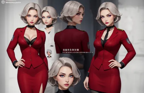 (The concept character sheet of a strong, attractive, and hot stewardess, wearing stewardess uniform). Her face is oval, forehea...