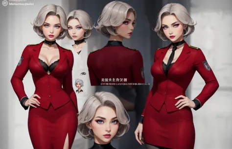 (the concept character sheet of a strong, attractive, and hot stewardess, wearing stewardess uniform). her face is oval, forehea...