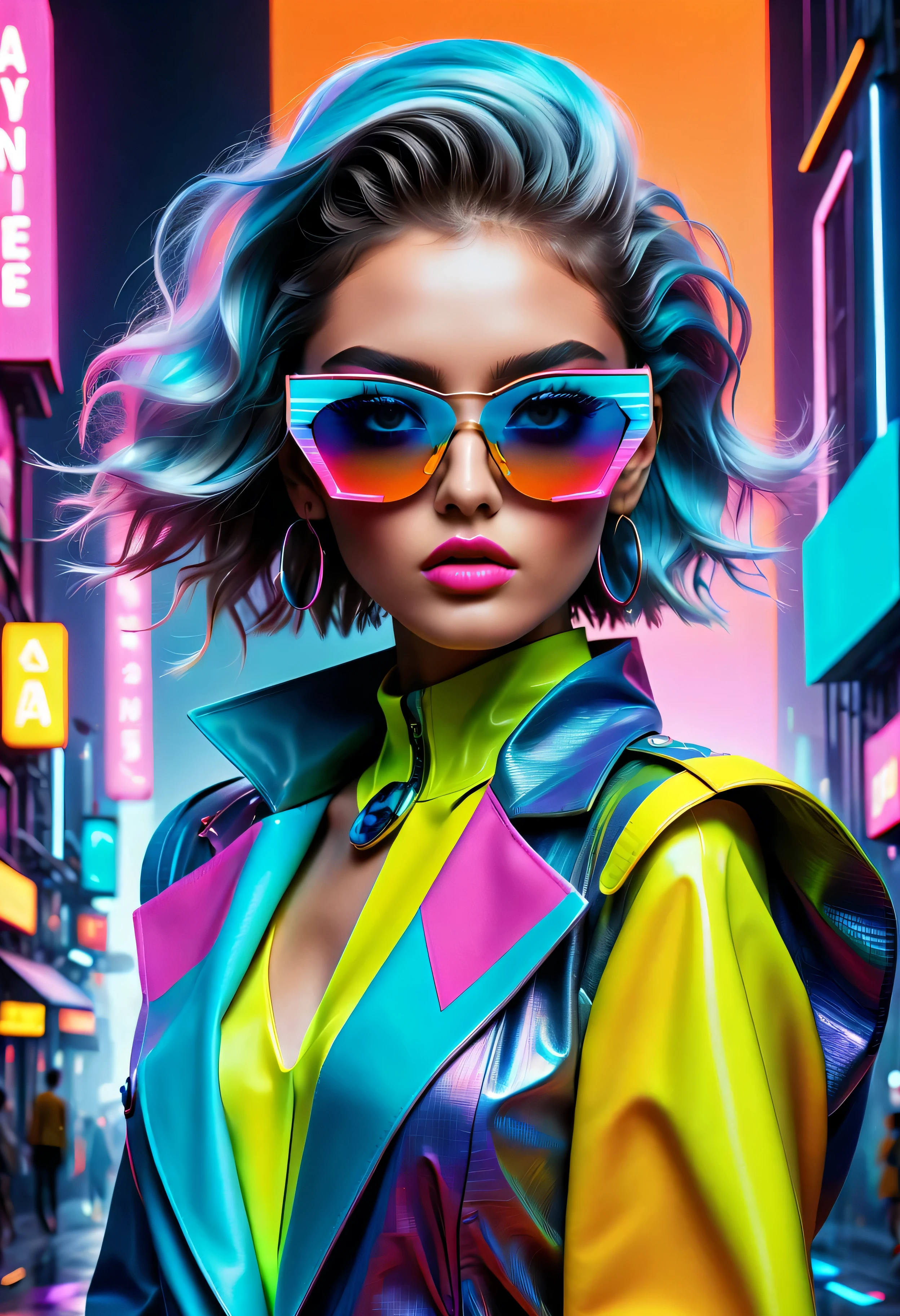 (melhor qualidade,4K,8K,alta resolução,Obra de arte:1.2),ultra-detalhado,(realista,photorealista,photo-realista:1.37),Vanguarda,estética vaporwave,conceito de moda único,designs criativos e futuristas,guarda-roupa extravagante,paleta de cores vibrantes e neon,materiais e texturas experimentais,efeito de falha digital,cenário surreal de uma paisagem urbana retro-futurista,modelos que retratam confiança e atitude,penteados com cores fortes e formas geométricas,
maquiagem dramática com detalhes metálicos,acessórios de alta moda, como óculos de sol grandes e joias extravagantes,sapatos plataforma com luzes neon,poses confiantes e movimentos dinâmicos,projeções holográficas interativas em torno dos modelos,assistentes de inteligência artificial vestindo roupas da moda,fluxos de dados sobrepostos e símbolos de codificação,destacando a fusão de tecnologia e moda,celebrities and influencers showcasing the Vanguarda fashion trend,cenários de desfiles de moda conceituais e instigantes,celebrando a individualidade e a autoexpressão,combinando estilos alternativos e vintage com moda moderna,experiência visual envolvente para os espectadores,design de iluminação cinematográfica para melhorar a atmosfera futurista.