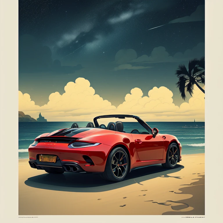 ((An illustration、flat design、print、Ukiyo-e)), (red convertible Porsche961),isometric, bright color vector, (Seaside city, Palm tree、boat at anchor、(Sea of night、starry skies、beach house、dark Knight))、You can see a big green suitcase on it..、car trip、Ichiban star、((car close up))