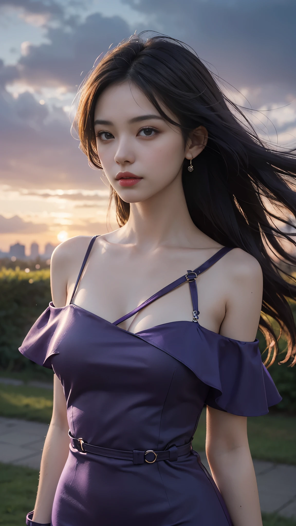 8k, masterpiece, 1 girl, beautiful face, very long hair, light makeup, detailed eyes, detailed lips, ((medium Curved figure)), (simple dress:1.4), ((purple dress)), (wearing jewellery), (strap:1.4), (bare shoulder:1.4), in the park, sunset, evening, blowing wind, hair spreading,