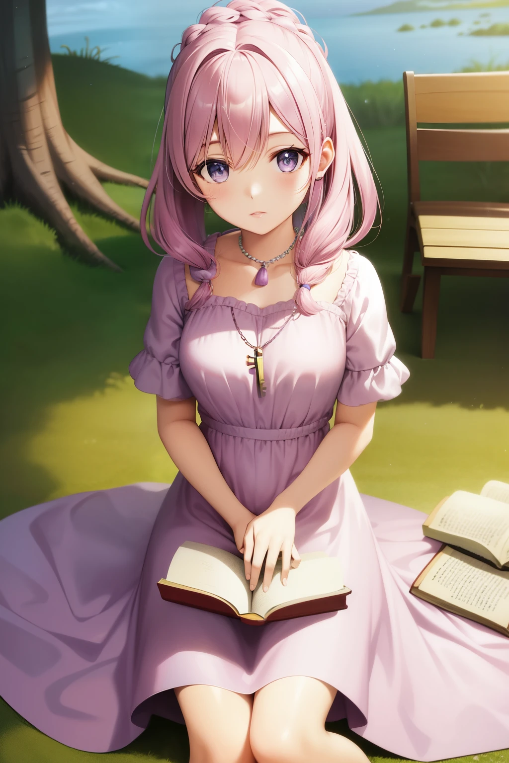 Personagem para livro , uma Princesa porco furrie, com cabelo ondulado, (cabelo branco, in pink and lilac dress and a cord around the neck with key, She's sitting on the floor with a book in her lap
