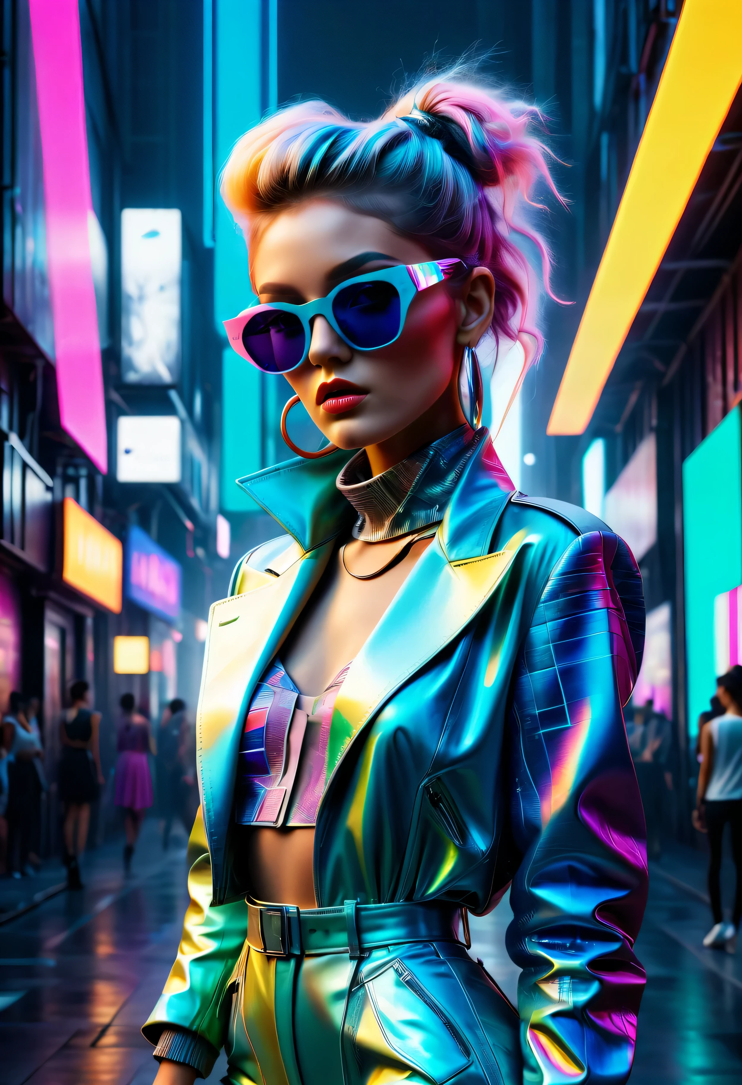 (best quality,4k,8k,highres,masterpiece:1.2),ultra-detailed,(realistic,photorealistic,photo-realistic:1.37),avant-garde,vaporwave aesthetic,unique fashion concept,creative and futuristic designs,extravagant wardrobe,vibrant and neon color palette,experimental materials and textures,digital glitch effect,surreal backdrop of a retro-futuristic cityscape,models portraying confidence and attitude,hairstyles with bold colors and geometric shapes,
dramatic makeup with metallic accents,high-fashion accessories like oversized sunglasses and statement jewelry,platform shoes with neon lights,confident poses and dynamic movements,interactive holographic projections surrounding the models,artificial intelligence assistants wearing fashion-forward outfits,superimposed data streams and coding symbols,highlighting the fusion of technology and fashion,celebrities and influencers showcasing the avant-garde fashion trend,conceptual and thought-provoking fashion show settings,celebrating individuality and self-expression,combining alternative and vintage styles with modern fashion,immersive visual experience for the viewers,cinematic lighting design to enhance the futuristic atmosphere.