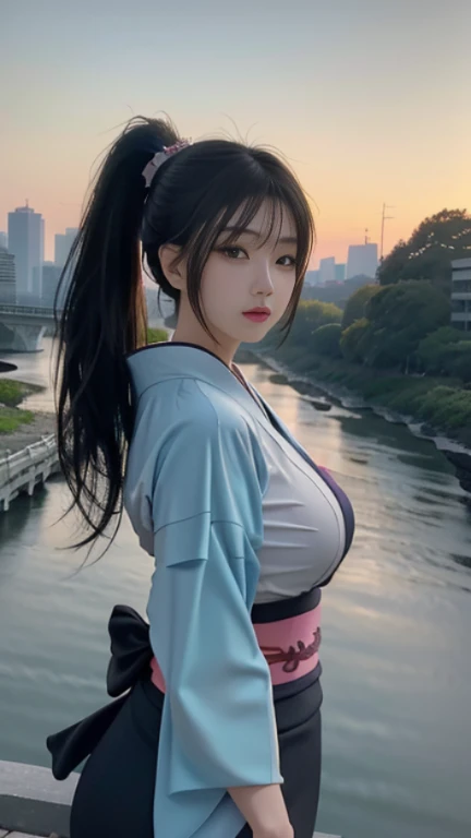 play sports often, ponytail、(kimono:1.4)、 No panties, (Cyberpunk settings: 1.2), compensate,, (1 girl: 1.4), highest quality, masterpiece, (reality: 1.2), young woman, lady, detailed face, fine eyes, fine hair, fine skin, looking at the viewer, dramatic, vibrant, sharp focus, 50mm, f1.2, EOS R8, (3/4 body: 1.2), Overall image, (With the river in the background: 1.6), (Details of highest quality: 1.2), 8k hd,(huge breasts:1.8)、