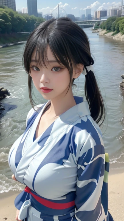 play sports often, twin tails、(Patterned yukata:1.4)、 No panties, (Cyberpunk settings: 1.2), compensate,, (1 girl: 1.4), highest quality, masterpiece, (reality: 1.2), young woman, lady, detailed face, fine eyes, fine hair, fine skin, looking at the viewer, dramatic, vibrant, sharp focus, 50mm, f1.2, EOS R8, (3/4 body: 1.2), Overall image, (With the river in the background: 1.6), (Details of highest quality: 1.2), 8k hd,(huge breasts:1.8)、