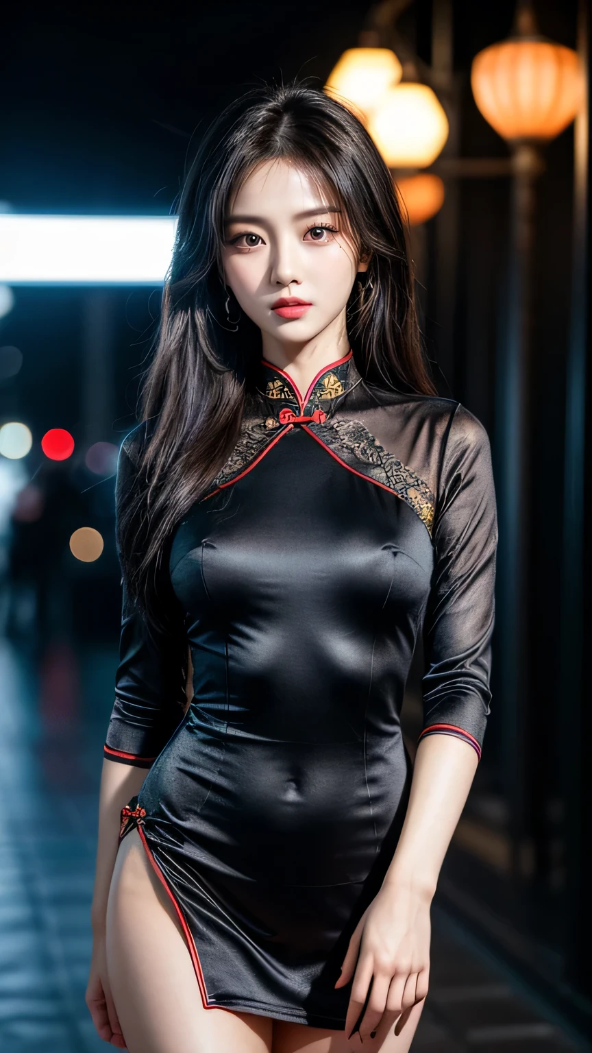 ((best quality, 8K, masterpiece: 1.3)), focus: 1.2, Wearing a emerald red cheongsam,8K ultra high definition，Masterpiece，RAW format photos，best picture quality，extreme details（1.2）：Realistically reproduced，Extremely detailed CG unified in 8K resolution，8K diamond-level delicacy and wallpaper-like visual impact，Has deep depth of field、Layered light and shadow effects、Lens flash、Ray tracing technology（Amazingly beautiful face、beautiful lips、beautiful eyes），Facial details are extremely delicate（Skin texture is extremely delicate）——Depicting Korean female models，in the dark night，in deep shadow，Charming Korean girl，Just like a K-pop idol（Extremely slim and tight figure：1.3），Shown from the audience’s perspective，Red tight cheongsam:1.3，Short clothing tailoring design，city night view，neon lights，Beautiful Korean girl in dark night atmosphere，Wear pearl stud earrings、lace pantyhose，eyes clear and bright，Walking posture，Has fair skin，Look directly at the front of the camera，Big eyes full of charm（Upper body close-up），Wearing a close-fitting silk cheongsam，and in a moment，Back close-up，The overall image is extremely slim、Slim and elegant，Exquisite facial features，She looks a lot like actor Kim Hee Sun