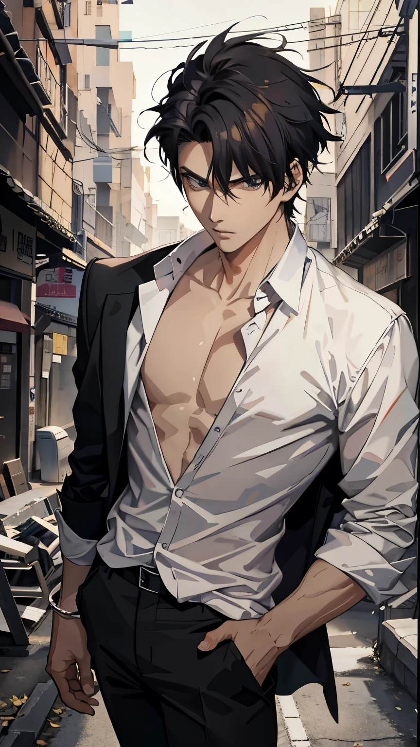 Anime guy in a white shirt and black pants standing in a city street -  SeaArt AI