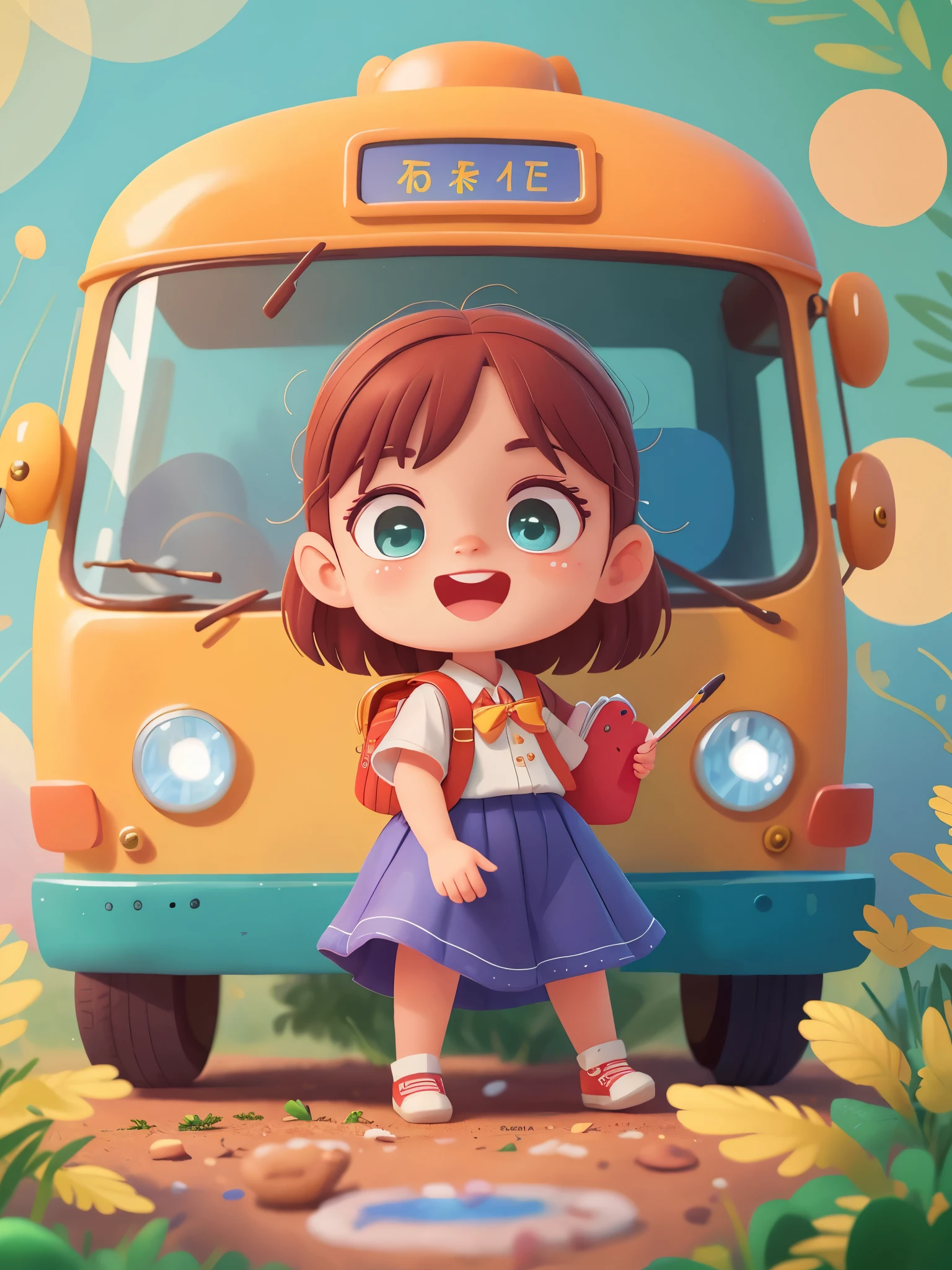 A close up of a cartoon girl standing in front of a bus - SeaArt AI