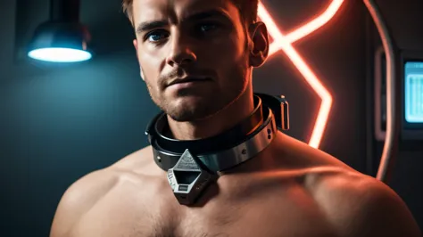 image of man prisoner wearing a metal sci-fi collar with lights on it around her upper neck