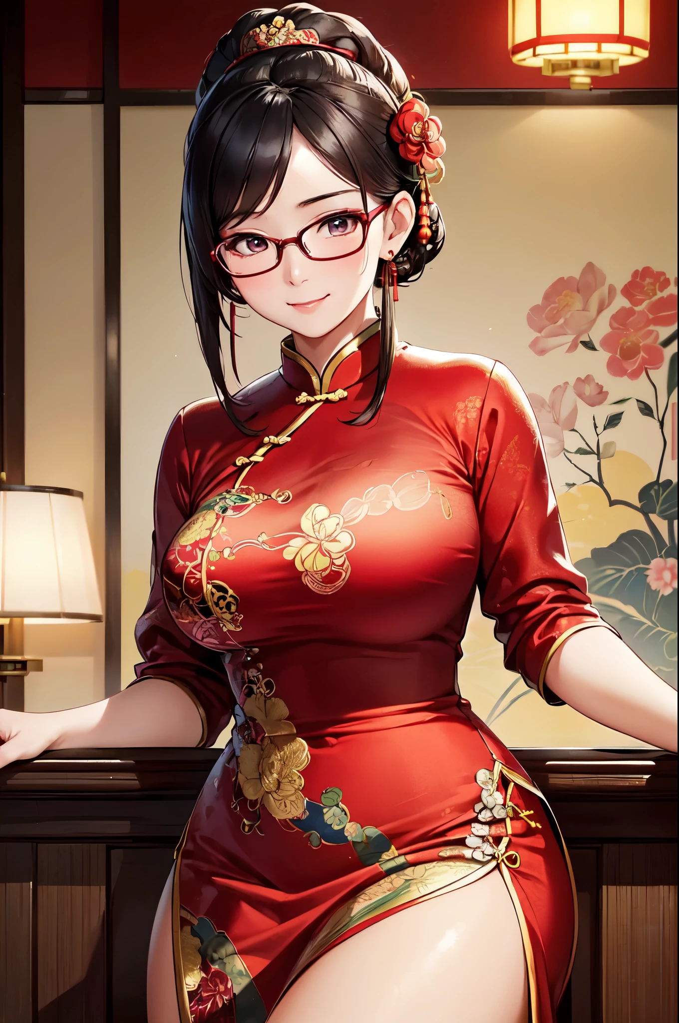 (High quality, High resolution, Fine details), wearing glasses, (stylish, modern), vintage Chinese dress, attractive posture, traditional Chinese colors, luxurious fabric texture, floral pattern, solo, curvy women, sparkling eyes, (Detailed eyes:1.2), smile, blush, Sweat, Oily skin, shallow depth of field, graceful aura, soft light
