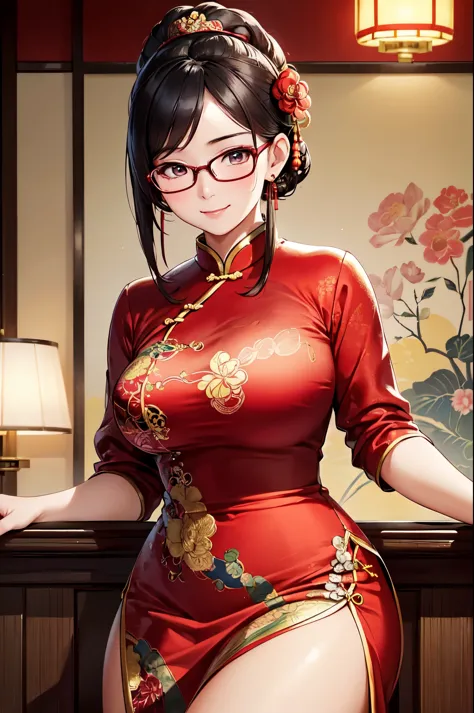 (High quality, High resolution, Fine details), wearing glasses, (stylish, modern), vintage Chinese dress, attractive posture, tr...