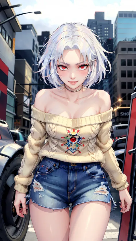 ((((masterpiece, best quality, high resolution)))), (1girl:1.5), ((short hair, white hair, red eyes, sharp eyes)), (average brea...