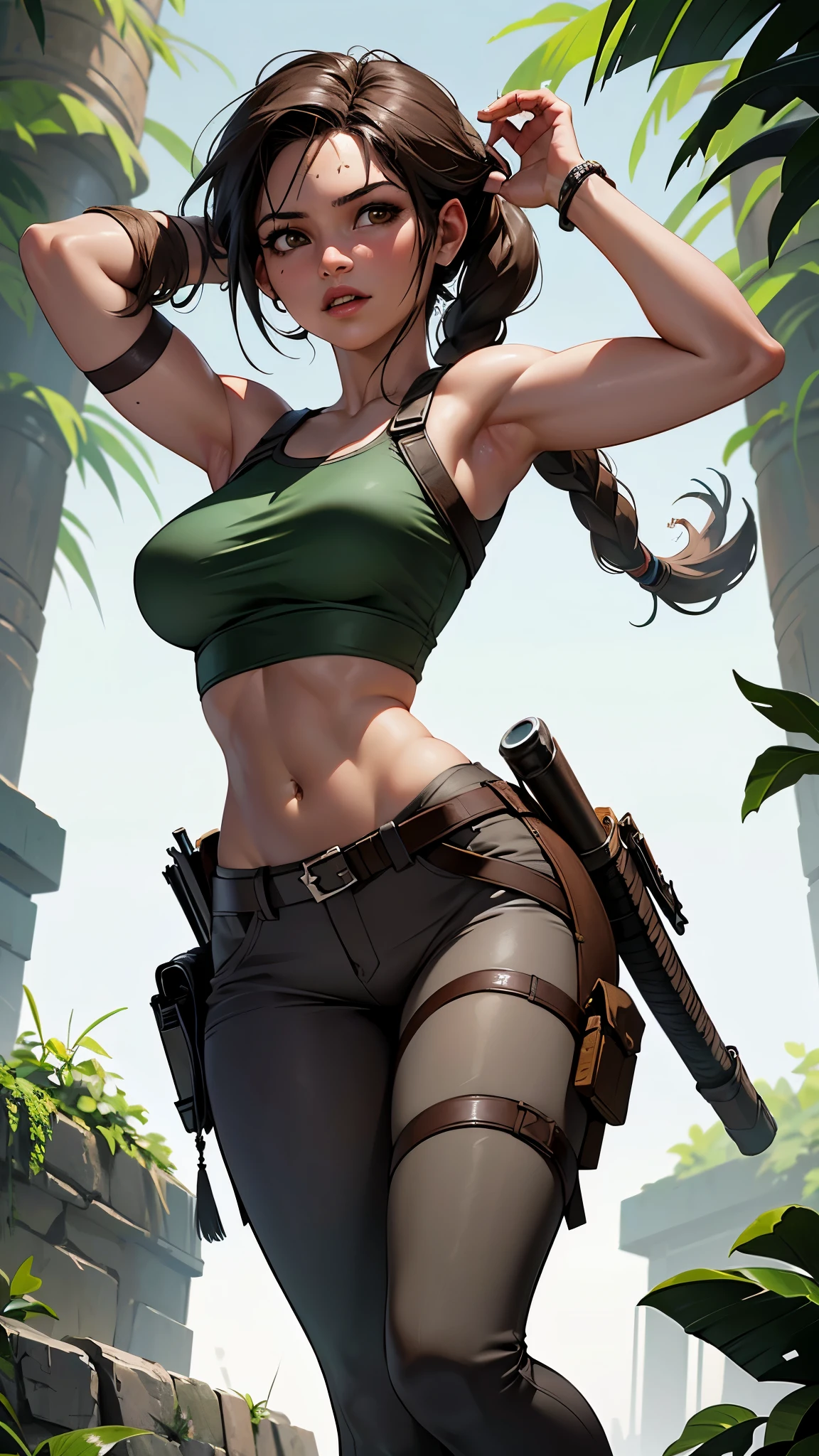 (La meilleure qualité,Une haute résolution,Ultra-détaillé,réel),Lara Croft de "Tomb Raider" ,tresse de cheveux longs, Tresses de cheveux bruns, couleur supérieure bleu, short en plomb, fond jungle africaine ruines grandes feuilles, plantes sauvages carnivores, ,8K plus détaillé.moteur irréel:1.4,euh,La meilleure qualité:1.4, Photoréaliste:1.4, Texture de la peau:1.4, Chef-d&#39;œuvre:1.8,premier travail, meilleure qualité,objet Objet], (traits du visage détaillés:1.3),(Les bonnes proportions),(doigts détaillés convexes),(Beaux yeux bleus),(short serré en plomb:1.4),(pose de cow-boy),  (Lara Croft de "Tomb Raider":1.4)