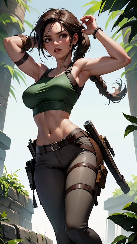 (La mejor calidad,A high resolution,Ultra - detallado,actual),Lara Croft de "Tomb Raider" ,cabello largo trenza, Brown hair brai...
