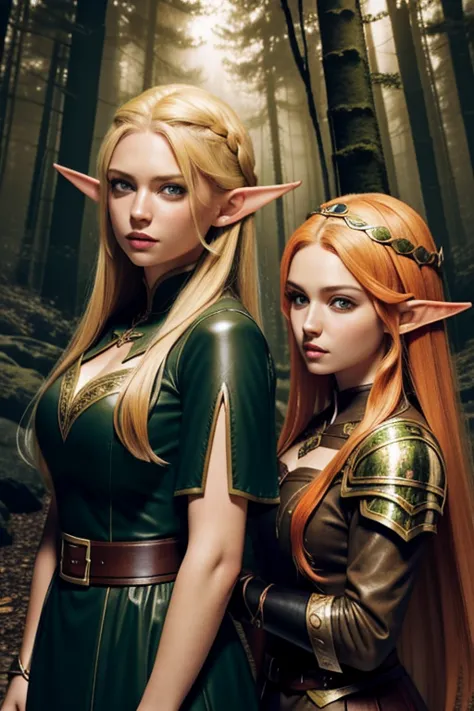 (masterpiece), best quality, expressive eyes, perfect face, two adventurer girls, ( 1 girl, elf ears, blond hair, green eyes, gr...