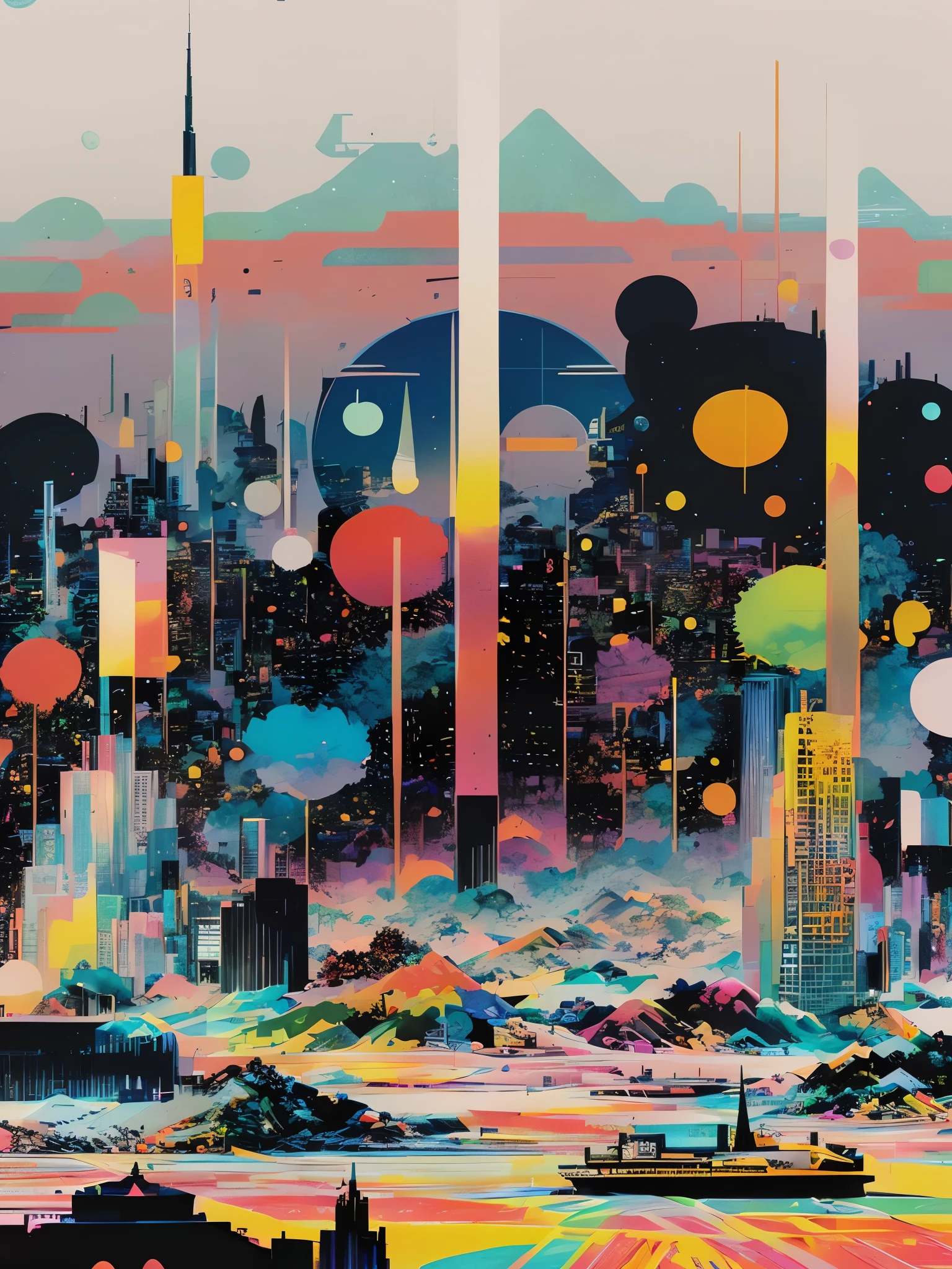 peinture aux couleurs vives d&#39;une ville avec beaucoup de bâtiments, Greg Beeple, futurisme dystopique coloré, juste une blague, Beeple et Tim Hildebrandt, Peinture futuriste, Beeple et James Jean, inspiré par Tomokazu Matsuyama, Beeple et Greg Rutkowski, mélange hybride de style Beeple, Beeple et Jérémie Ketner