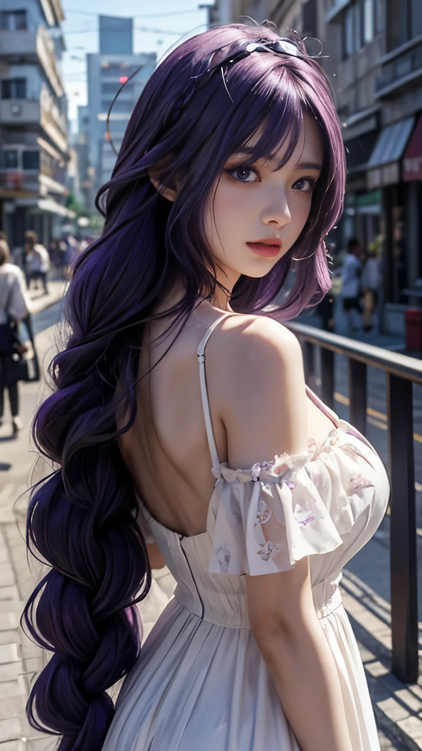 1 girl，Anime girl in white dress，view from behind，look back，purple hair，Purple hair big breasts，long hair，thick braid，Wear a purple headdress on one side of your hair，purple eyes，purple eyes，A grim expression，beautiful anime girl，Beautiful anime portrait，style of anime4 K，Anime art wallpaper 8k，anime art wallpaper 4k，anime art wallpaper 4k，Beautiful anime woman，Smooth anime CG art，Stunning anime face portraits，Anime wallpapers 4 k，anime wallpaper 4k，Detailed digital animation art