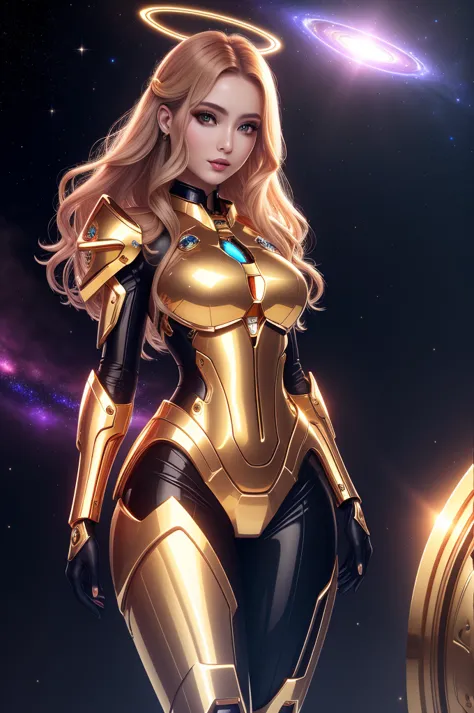 surreal beauty chief, gold armor，whole body, beauty，charming，sexy，galaxy background highlights the halo in the background