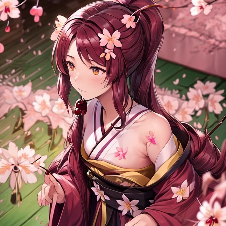 1 girl、background blur、branch、brown hair、long hair、high ponytail、dappled sunlight、flower、hair ornaments、kimono、kimono、leaf、(cherry blossoms:1.9)、band、outdoor、band、solo、sunshine、