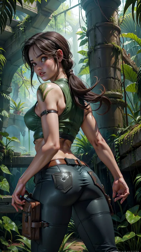 (rear view, backside view),(La mejor calidad,A high resolution,Ultra - detallado,actual), Lara Croft, ciudad en ruinas en la jun...
