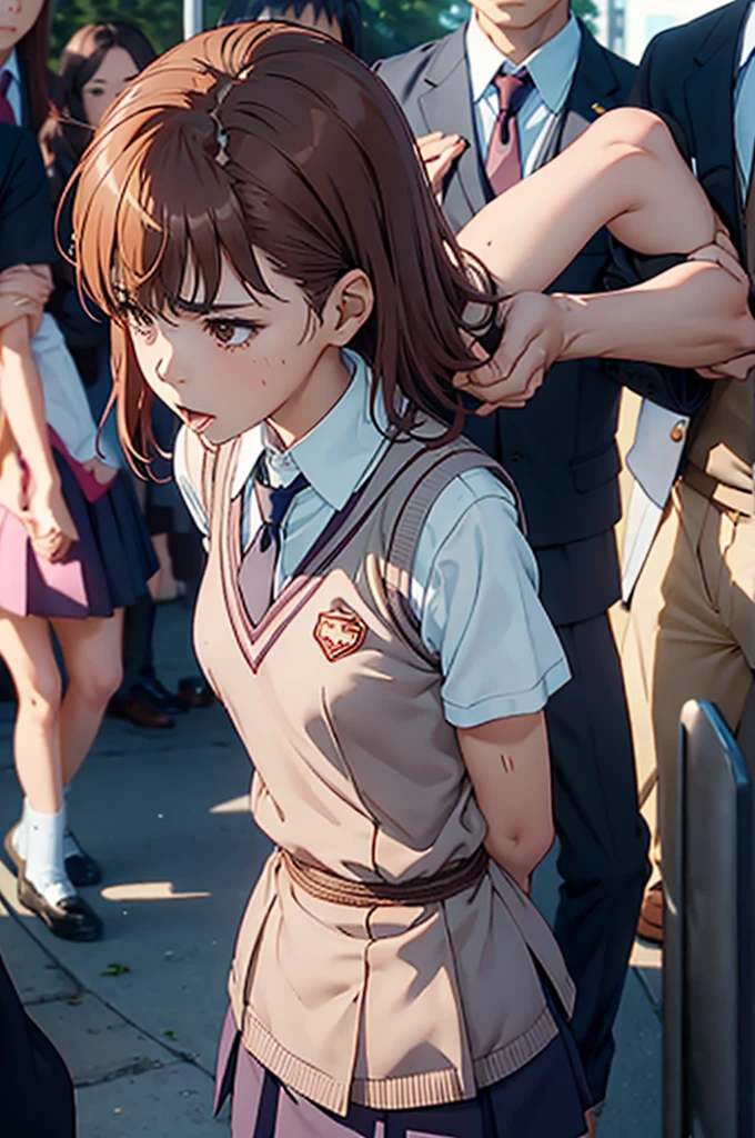 superior_Mikoto, 1 girl, alone, School_uniform, 　tokiwadai_School_uniform, sweater_vest, skirt, Brown_sweater_vest 全身, surrounded by a group of men　hit from behind, blowjob　hit from the front　slave collar　fetters　cum in mouth　　I am ejaculating inside my vagina now.　large amount of semen　 　　Ahe face　stick out tongue　lean back　Whimpering　force　insert into the vagina　in the city 　Tattoo on the stomach　　defeat((shibari, turn your arms behind your back:1.4)), ((put your hands behind your back)), ((tied with rope)), ((tie your hands behind your back)), ((Rope restraint))　naked
