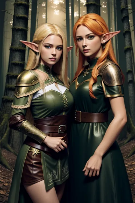 (masterpiece), best quality, expressive eyes, perfect face, two adventurer girls, ( 1 girl, elf ears, blond hair, green eyes, gr...