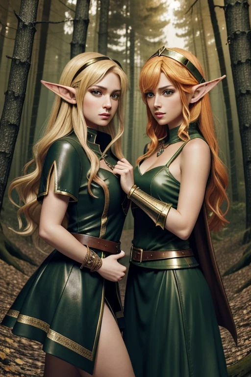 (masterpiece), best quality, expressive eyes, perfect face, two adventurer girls, ( 1 girl, elf ears, blond hair, green eyes, green dress, jewelry, magic user), ( 2 girl, elf ears, orange hair, brown eyes, leather armor, fighter) , magical forest background