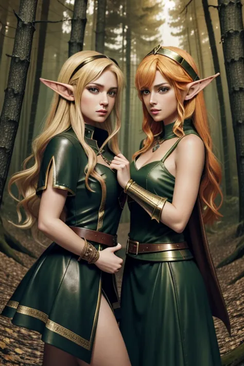 (masterpiece), best quality, expressive eyes, perfect face, two adventurer girls, ( 1 girl, elf ears, blond hair, green eyes, gr...