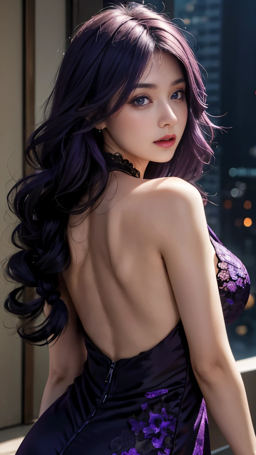 1 girl，Girl in black lace dress，view from behind，look back，purple hair，Purple hair big breasts，long hair，thick braid，Wear a purple headdress on one side of your hair，purple eyes，purple eyes，A grim expression，beautiful girl，beautiful portrait，Realistic style 4 K，Art wallpaper 8 k，Art wallpaper 4k，Art wallpaper 4k，beautiful woman，Smooth CG art，stunning face portrait，wallpaper 4 k，wallpaper 4k，Detailed digital art，Clean and simple background，Hips facing the camera，Shoot from below