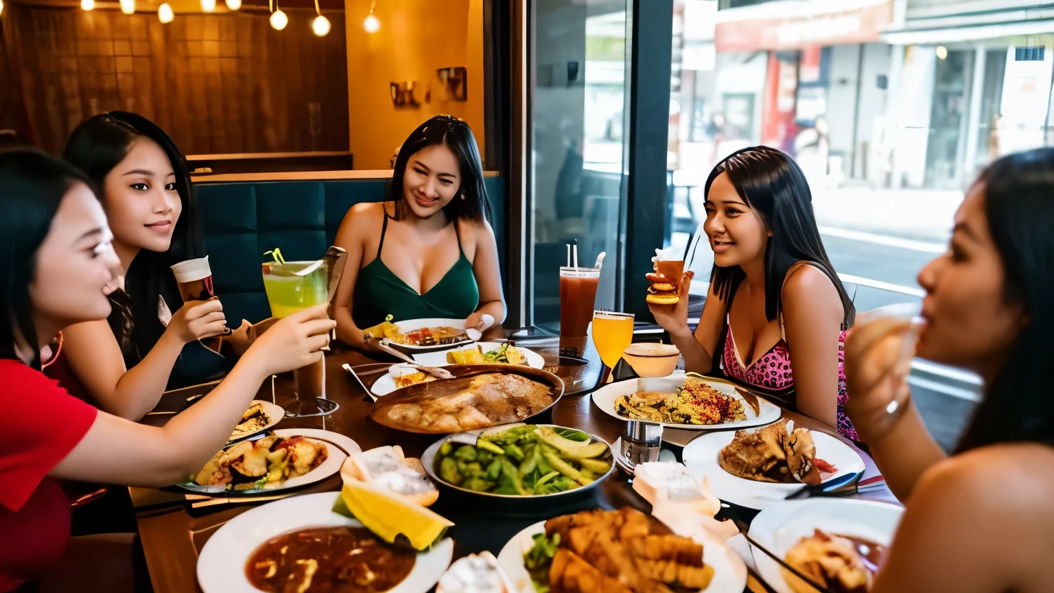 Several women sitting at a table with plates of food and drinks - SeaArt AI