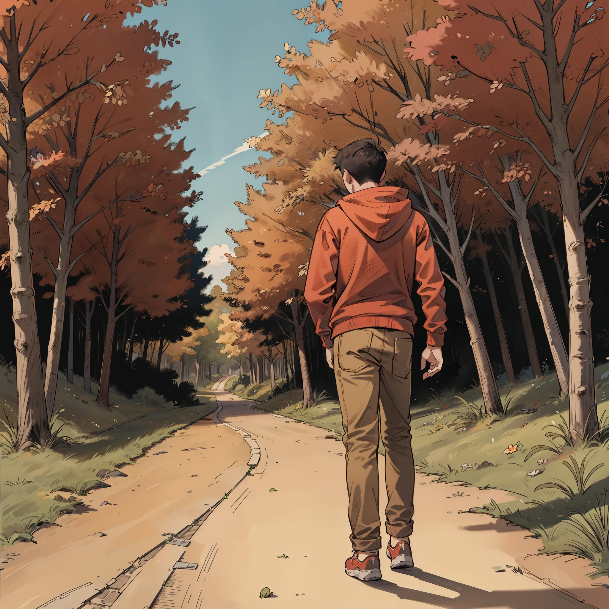 Un chico de 21 años y vistiendo una sudadera con capucha de color rojo caminando por un sendero . Cada línea y sombreado resalta sus características distintivas.. El fondo muestra un cielo azul, con arboles por todas partes. (su trasero será visible)