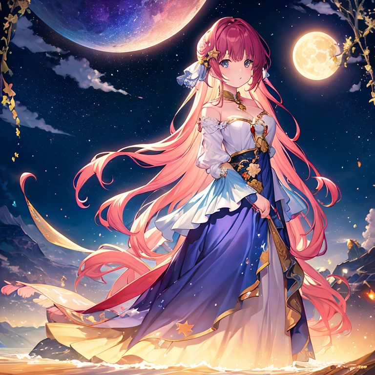 Highly condensed beauty dressed in paintings of stars and moon in the river and sky, concept art inspired by Tosa Mitsuoki, pixiv Competition Winner, highest quality, fantasy art, beautiful anime scene, Round of the bright moon, starry sky environment in the moonlight, Dream painting, anime background art, Dream landscape painting, Fantastic night, anime background, background artwork, amazing art, atmospheric anime, starry sky, Emphasizing details.  