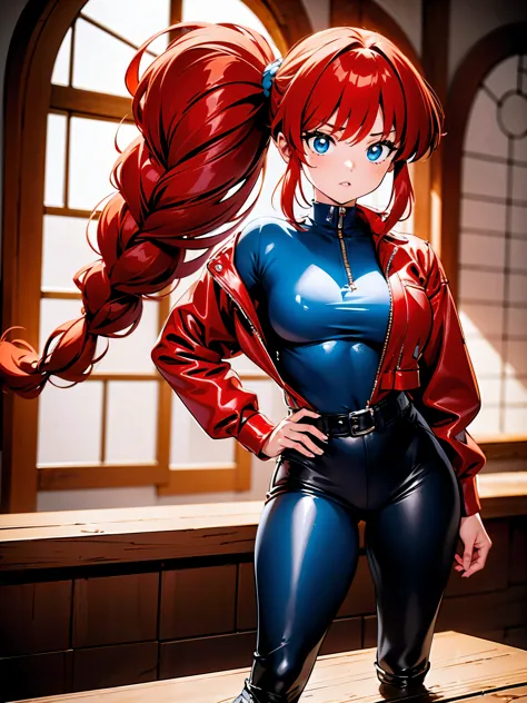 garota anime ruiva vestindo red leather jacket and blue leather pants, 16 anos, corpo bonito, botas pretas, leather boot shoes, ...