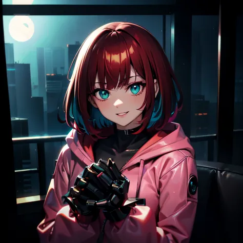 (cyberpunk\), 1girl, colored tips, teal eyes, hoodie, long sleeves, looking at viewer, short hair, multicolored hair, parted lip...