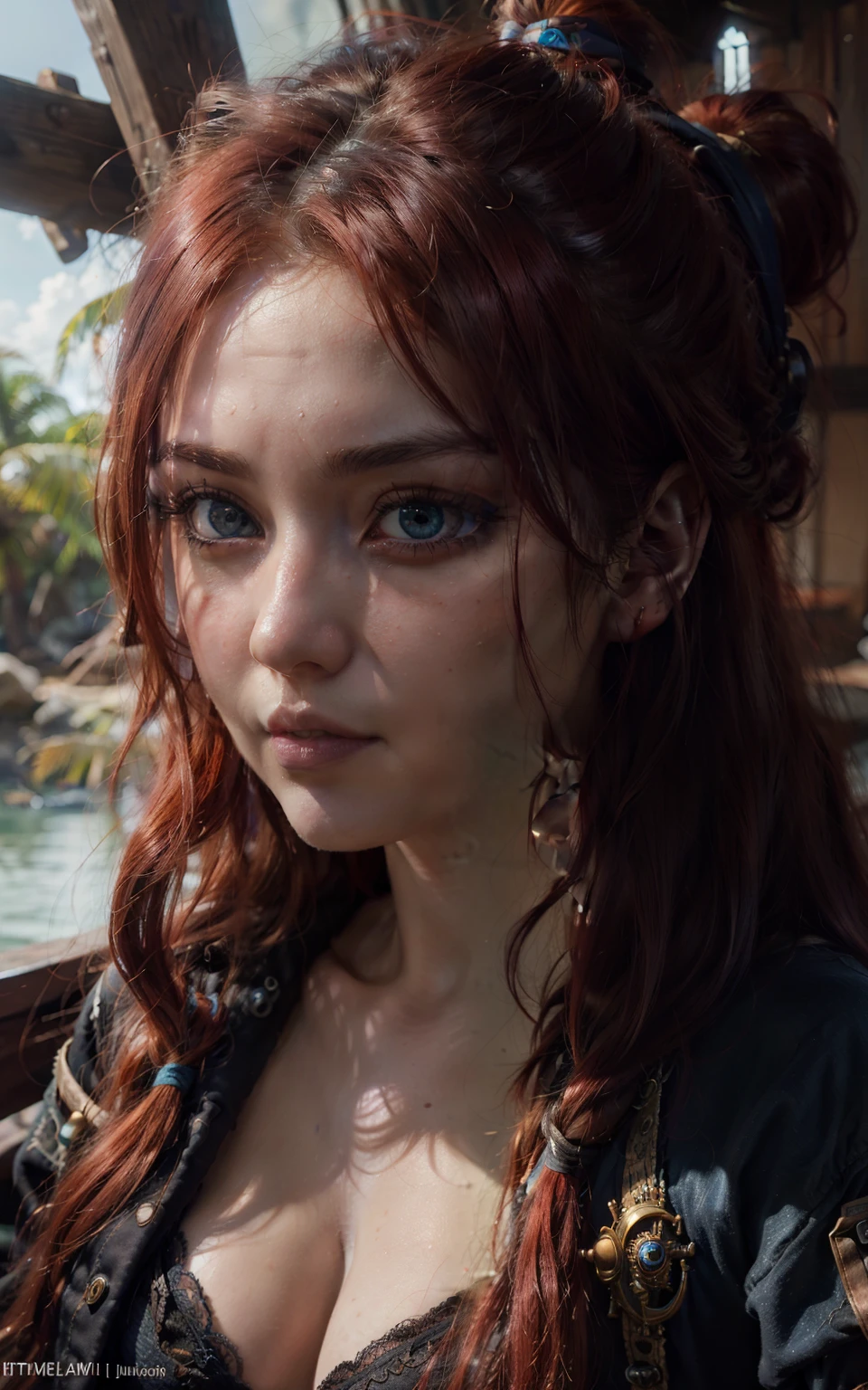 anime, (((portrait of daw))), a woman, (((a red hair))), (((blue eyes))), (((female pirate)), 8k, unreal engine, octane render, by kyun, gamang, Yoon Gon-Ji, g.ho, gosonjak, shuroop, serious, domi, noah, trending on pixiv, fanbox, skeb, masterpiece, smooth soft skin, big dreamy eyes, beautiful intricate colored hair, symmetrical, anime wide eyes, soft lighting, concept art, digital painting,  tropical island