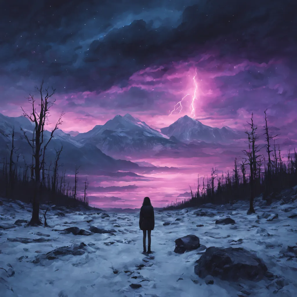 hopeless landscape, dark fantasy, beautiful landscape, masterpiece, tundra, dark sky, hopeless girl, cold atmosphere, vaporwave ...