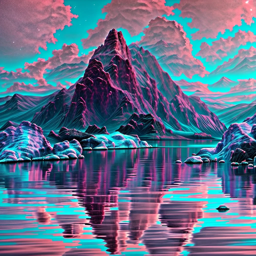 mountains are reflected in the water of a lake with a pink sky, epic dreamlike fantasy landscape, impressive fantasy landscape, beautiful dreamy landscape, magnificent background, epic beautiful landscape, pink landscape, scenic colorful environment, beautiful mountains, extraordinary colorful landscape, surreal colors, pink and blue colors, pink reflections, beautiful and aesthetic, beautiful composition 3 - d 4 k, vibrant pastel colors