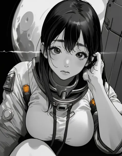 Korean girl wearing astronaut suit on the moon, (Extremely exquisite and beautiful work), pretty face, Lumbar leakage, whole bod...