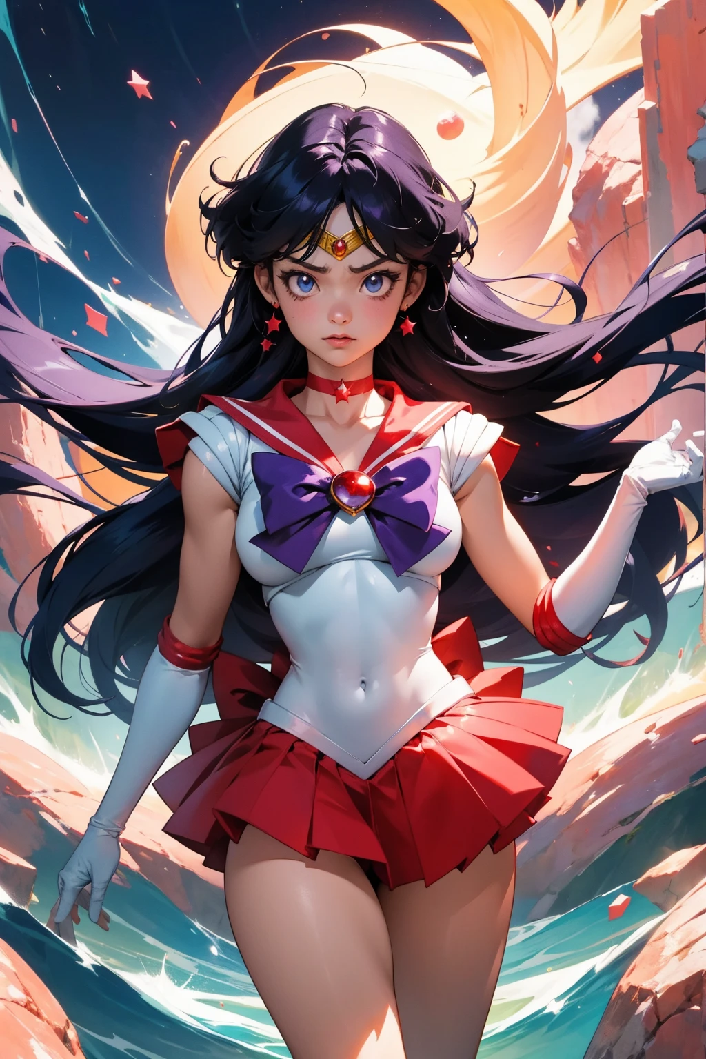 outfit1 sama1, tiara, sailor senshi uniform, white gloves, red sailor collar, red skirt, star choker, elbow gloves, pleated skirt, bare legs, purple bow,sailor mars, Her main motivation is to protect Princess Serenity and Earth. Throughout the series, she bravely faces personal challenges, and her memorable moment is when she discovers her powers as Sailor Mars.