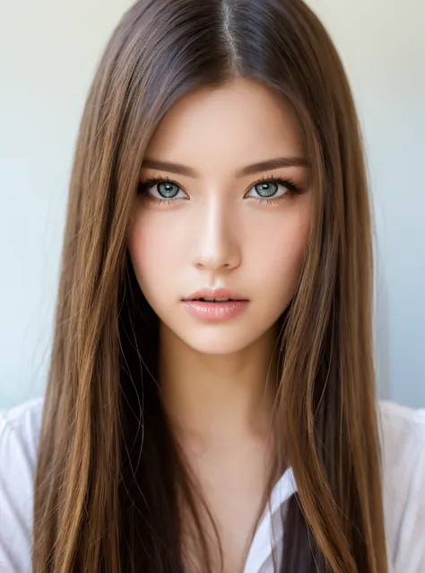Bangs falling in front of both eyes、Very beautiful Eastern European 18 year old Caucasian beautiful girl、white and young beautif...