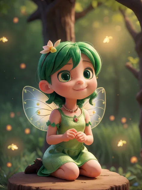 A whimsical scene unfolds as a charming little fairy, adorned in a green dress, sits gracefully on a delicate branch, surrounded...