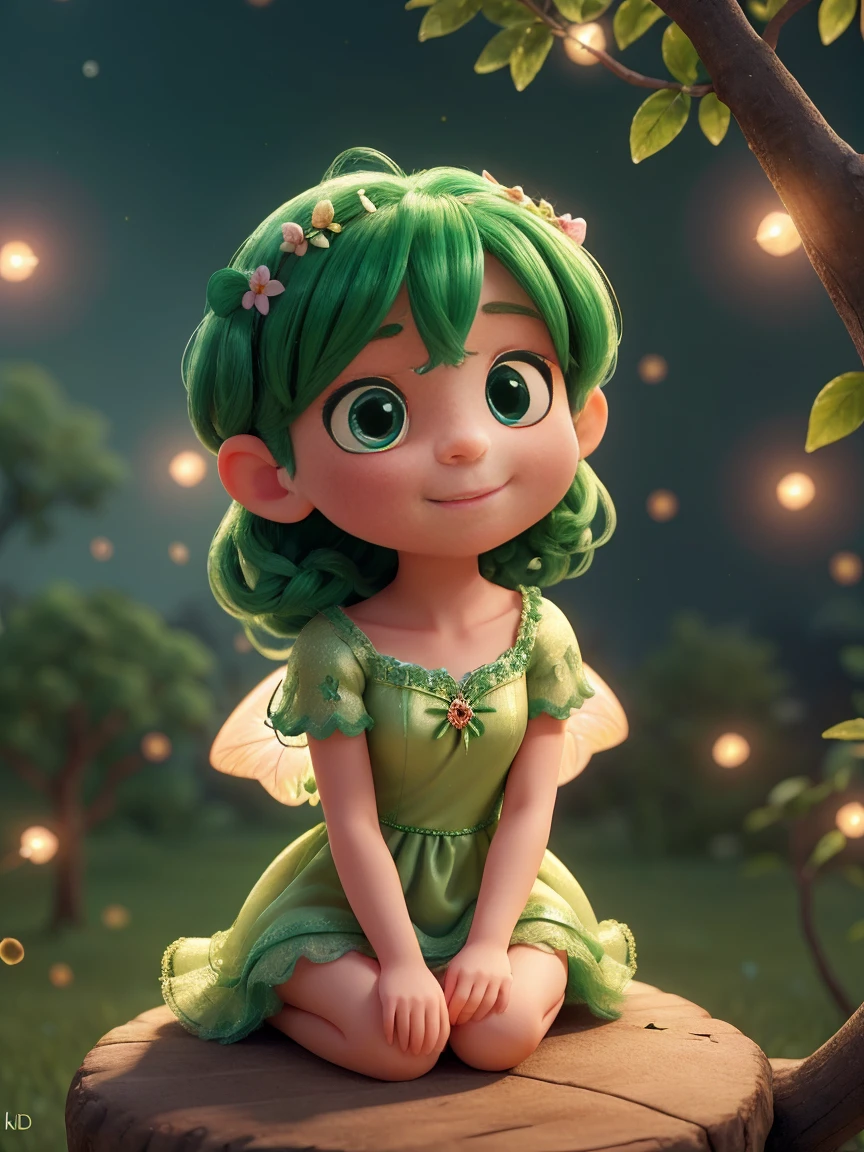 A whimsical scene unfolds as a charming little fairy, adorned in a green dress, sits gracefully on a delicate branch, surrounded by the enchanting glow of fireflies dancing around her. Sharp image, high resolution image, super detailed image, 8k, 