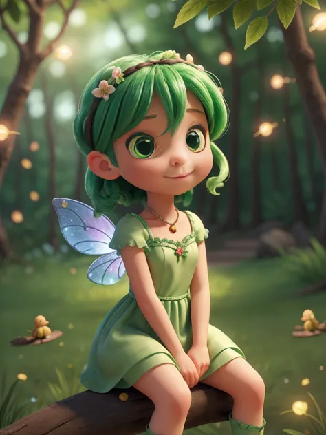 A whimsical scene unfolds as a charming little fairy, adorned in a green dress, sits gracefully on a delicate branch, surrounded...