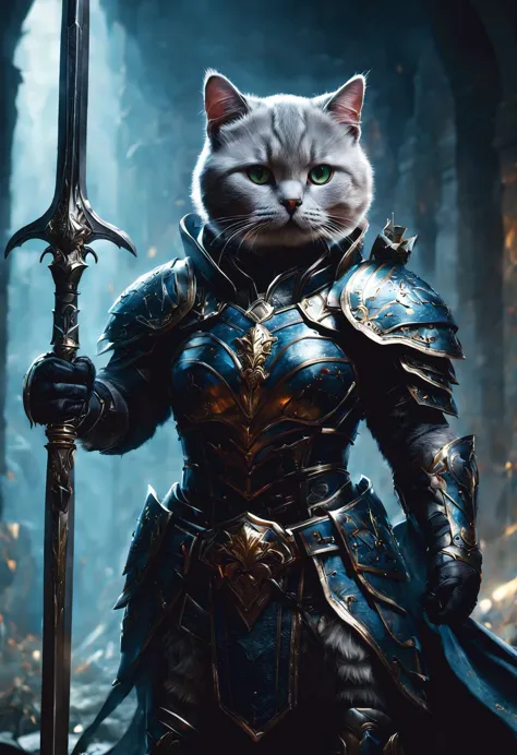 official art, unified 8k wallpaper, super detailed, Beautiful and beautiful, masterpiece, best quality, Costume animals page, Dirk Fintas，watching a film《lord of the ring》style of，Real-world scenarios，Epic war scenes，(Cute British Shorthair warrior cat:1.2...