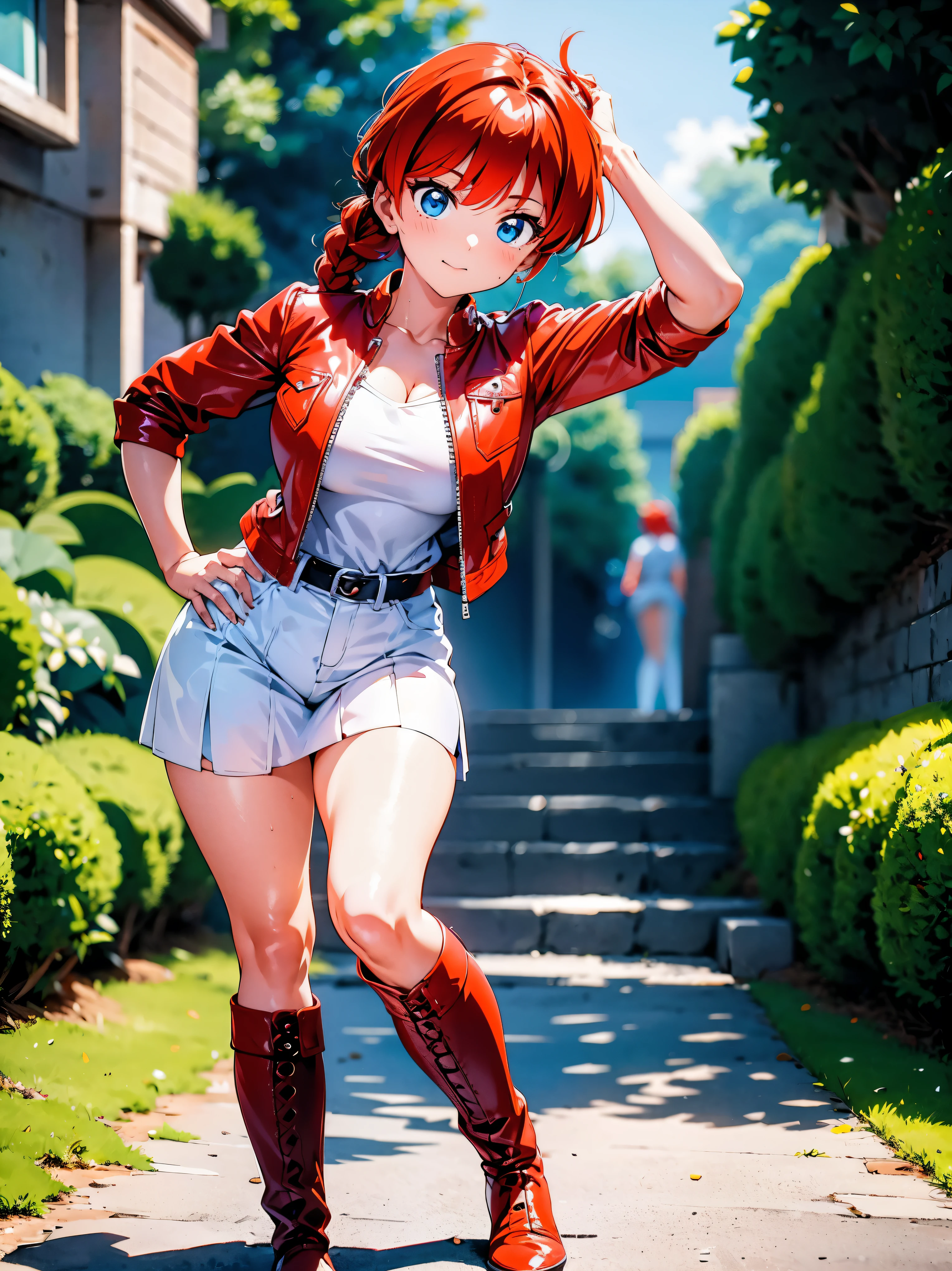 Garota anime ruiva vestindo rote Lederjacke und blaue Lederhose, , schöner Körper, schwarze Stiefel, leder stiefeletten, vollbusig, mit einer Hand auf seiner Hüfte, Hand auf der Hüfte, Finger auf den Mund, sexy Mädchen, red Haare mit Zopf, schöne Beleuchtung, weiche Schatten, blaue Augen, schöne Beine, Haare mit Zopf, Anime-Stil, Ranma Chan, Autorin Rumiko Takahashi, Basierend auf einem Werk von Rumiko Takahashi, Anime-Ranma 1/2, vollbusig, sexy deko, robuste Hüfte, Ganzkörper, Ganzkörper, Schöne Brüste, junges Mädchen mit schönem und schönem Körper, schwarze Stiefel, leder stiefeletten, rote Lederjacke und blaue Lederhose, weißes Hemd unter der Jacke